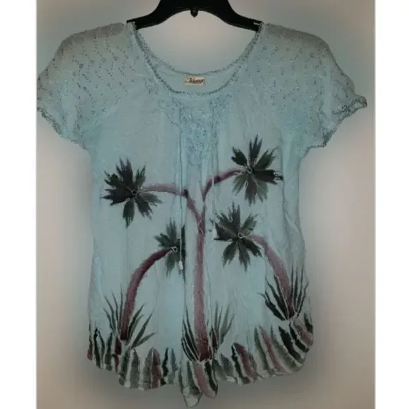 Blue Tropical Palm Tree Blouse - Picture 1 of 5